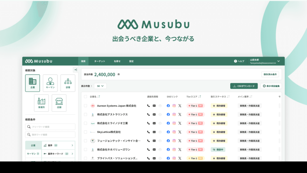 Musubu のサイト画面