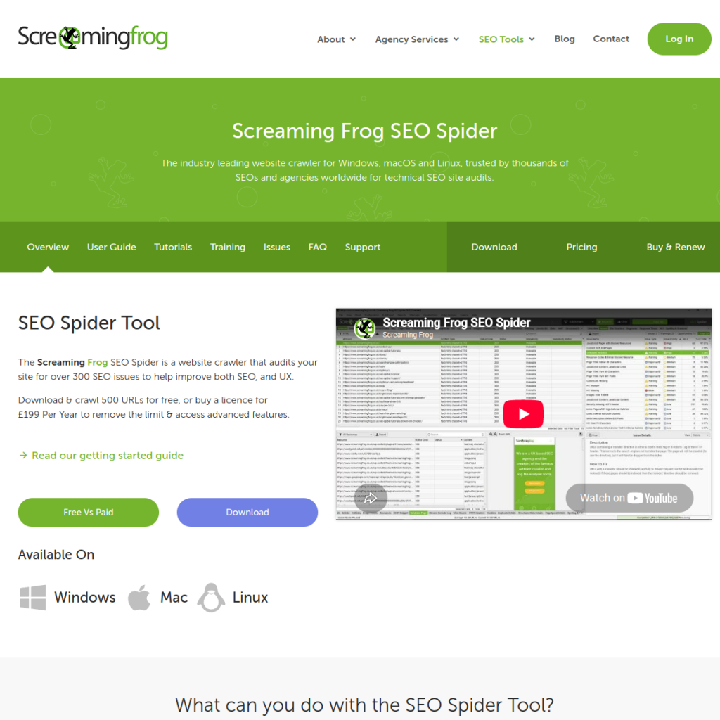 Screaming Frog SEO Spider のサイト画面