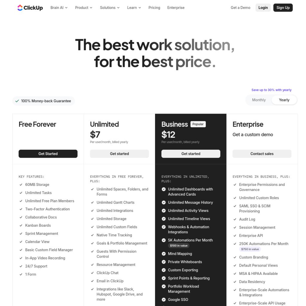 ClickUp のサイト画面