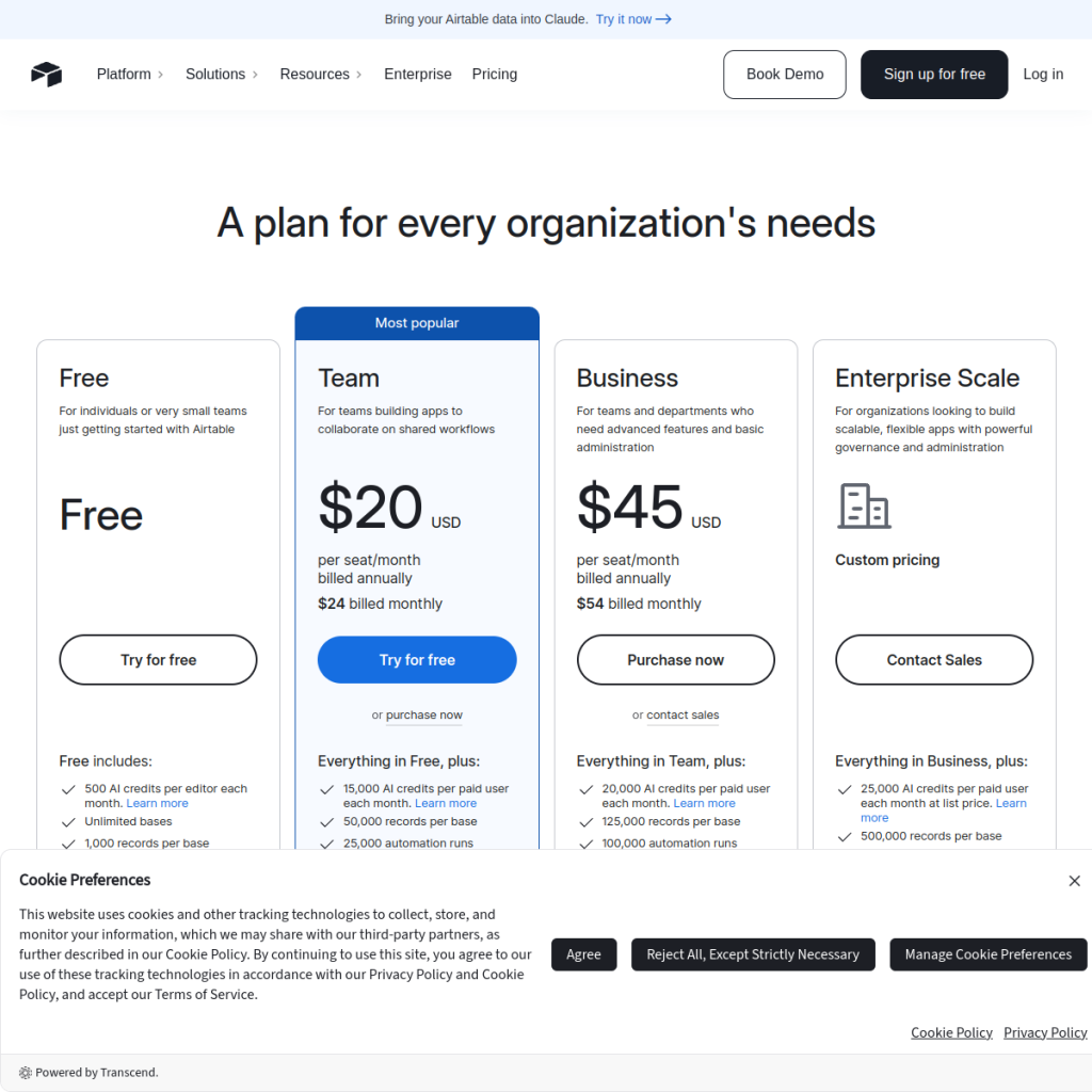 Airtable のサイト画面